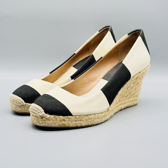 J Crew Shoes Womens 9.5 Black Ivory Wedge Espadrille Canvas Striped Summer - Picture 4 of 12